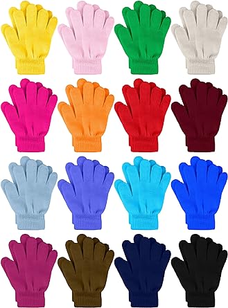 Cooraby 16 Pairs Winter Kids Warm Magic Gloves Full Fingers Stretchy Knitted Gloves for Boys or Girls