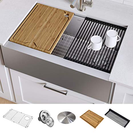 KRAUS KWF410-33 Kore Workstation 33-inch Farmhouse Flat Apron Front 16 Gauge Single Bowl Stainless Steel Kitchen Sink with Integrated Ledge and Accessories (Pack of 5)