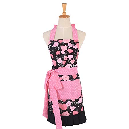 Cotton Fabric Women's Apron with 2 Pockets-Extra Long Ties, Home Baking or Kitchen Cooking, Graceful and Flirty, Black Style-2-Leeotia