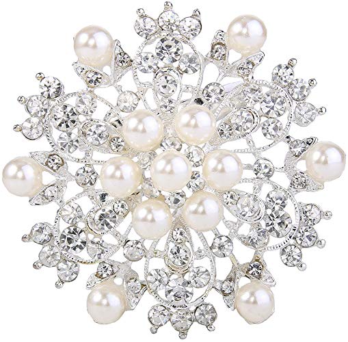 EVER FAITH Austrian Crystal Cream Simulated Pearl Elegant Flower Corsage Brooch Clear Silver-Tone
