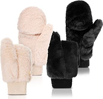 SATINIOR 2 Pair Faux Fur Mittens Fingerless Gloves Winter Warm Soft Half Finger Fuzzy Lined Wool Mittens for Women Girl