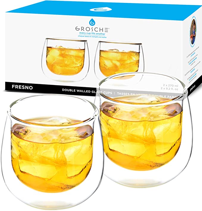 GROSCHE Fresno Double Walled Glass Cups Set of 2 x 280 ml Double walled glasses for coffee, tea. set of 2 x 9.2 fl. oz. (Without Handle)