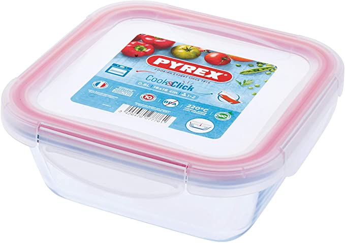 Pyrex Cook & Click - 0.8L Square Food Storage Container with Clip Lock Plastic Lid