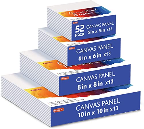 Shuttle Art Painting Canvas Panel, 52 Multi Pack, 5x5, 6x6, 8x8, 10x10 inch (13 PCS of Each), 100% Cotton Art Canvas Board Primed White, Blank Canvas for Kids Adults for Acrylic Oil Painting