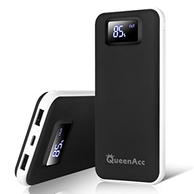 QueenAcc 20000mAh Power Bank Portable Charger External Battery Pack Lightning and Micro Input LED Digital Display for iPhone, iPad, Samsung and More.(Black)