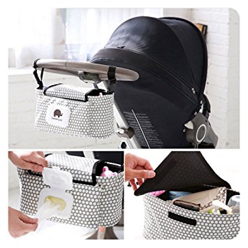 HaloVa Stroller Organizer, Baby Stroller Pram Organizer Bag, Premium Quality Diaper Bag, Hanging Storage Bag Fits All Strollers, Extra-Large Storage Space, White Dot