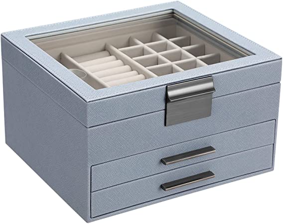 SONGMICS Jewelry Box with Glass Lid, 3-Layer Jewelry Organizer with 2 Drawers, Gift for Loved Ones, Smoky Blue UJBC239BU