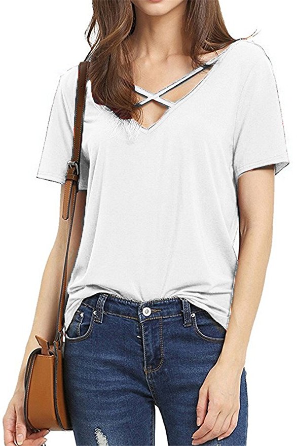 VOGRACE Womens Criss Cross Front Deep V Neck T Shirt Summer Casual Tee Tops