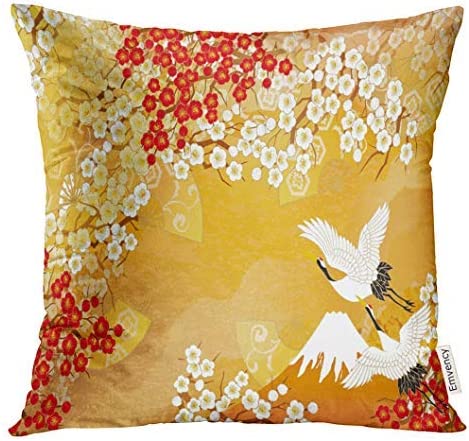 VANMI Throw Pillow Cover Japanese Beautiful Kimono of Illustrations Japan Asia Crane Decorative Pillow Case Home Decor Square 18x18 Inches Pillowcase
