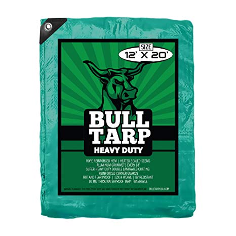 Bull Tarp - Super Heavy Duty, Green/Black, Waterproof, Tent Shelter, Tarpaulin, Fire Wood Cover, Multi-Purpose Heavy Duty Poly Tarp, Reinforced Grommets Every 18" (12X20)