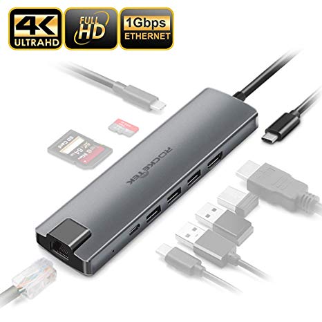 USB C Hub, Rocketek Multi Function 9-in-1 Type C Hub with 4K USB C to HDMI, Ethernet Port, 3 USB 3.0 Ports, 2 USB C Ports, SD/TF Card Reader, Compatible Mac Pro and Other Type C Laptops & Devices