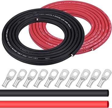 iGreely 6 Gauge 6 AWG Wire 20 Feet Black   20 Feet Red Welding Battery Pure Copper Ultra Flexible Cable   5pcs of 5/16" & 5pcs 3/8" Copper Cable Lug Terminal Connectors   Heat Shrink Tubing