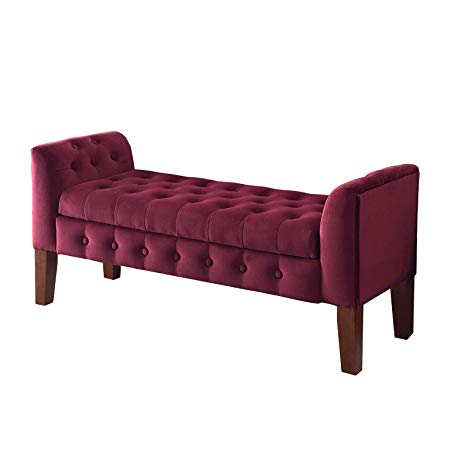 HomePop Velvet Tufted Storage Bench Settee with Hinged Lid, Berry
