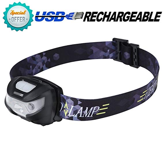USB Rechargeable LED Head Torch, Super Bright / Waterproof Headlamp with Red Light, Dimmable Headlight, 5 Modes,USB Cable Included, Hands Free LED Headlamps for Running, Walking, Camping, Hiking, Fish