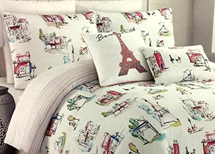 Cynthia Rowley Paris in Color 3-Piece Full/Queen REVERSIBLE Duvet Cover Set | Features Paris Street Scenes Including Eiffel Tower