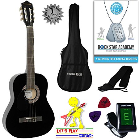 Left Hand Acoustic Guitar Package 3/4 Sized (36' inch) Classical Nylon String Childs Guitar Pack Black