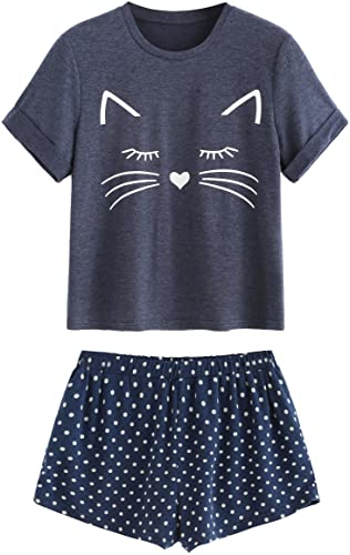 DIDK Women's Cute Cartoon Print Tee and Shorts Pajama Set