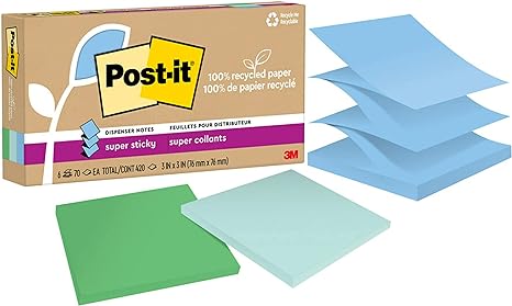 Post-it 100% Recycled Paper Super Sticky Pop-up Notes, 2X The Sticking Power, 3x3 in, 6 Pads, 70 Sheets/Pad, Oasis Collection (R330R-6SST)