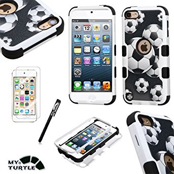 MyTurtle Verge Shockproof Hybrid 3 Layer Hard Silicone Shell Cover with Stylus Pen, Screen Protector for iPod Touch 5 / 6 - Soccer Ball