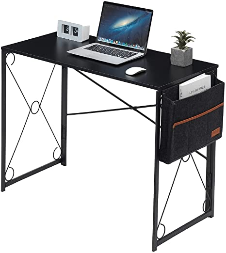 VECELO Writing Computer Folding Desk/Sturdy Steel Laptop Table with Storage Bag for Home Office Work, Retro Black