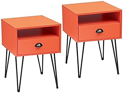 VECELO Set of 2 Nightstand, End/Side Table with Drawer and Storage Shelf for Children's Living Room Bedroom, Stable Metal Frame, Orange, 2 Pack