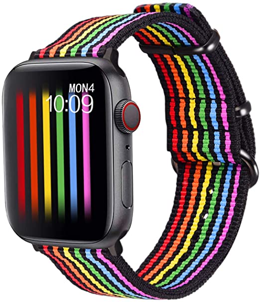 Bandmax Rainbow Watch Band Compatible with Apple Watch,LGBT Woven Nylon Wristband Replacement Sport Strap Compatible with iWatch Series 6/5/4/3/2/1 42MM/44MM All Models(Black Bottom Black Buckle)