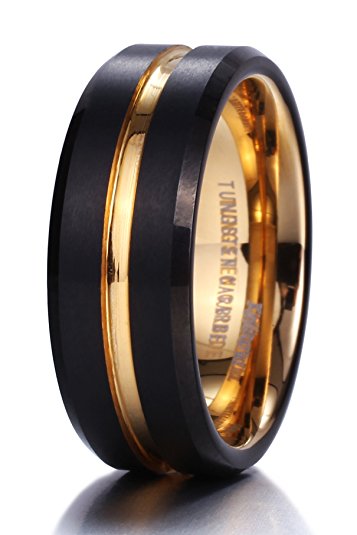 King Will DUO Mens 8mm Black Matte Finish Tungsten Carbide Ring 18K Gold Plated Beveled Edge Wedding Band