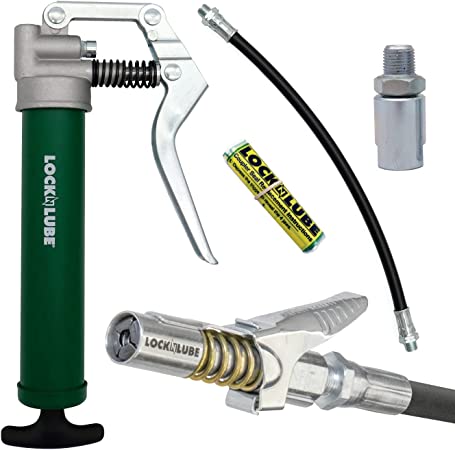 LockNLube Mini Grease Gun Kit. Includes Our Patented Grease Coupler (Locks on, Stays on, Won't Leak!) Plus a 12 Hose and in-line Hose Swivel.