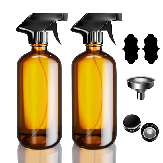 17oz Empty Glass Spray Bottles, VICSAINTECK 2 Pack Amber Durable Reusable Refillable Container with Black Trigger Mist and Stream Settings for Essential Oils, Aromatherapy, Cleaning Solutions
