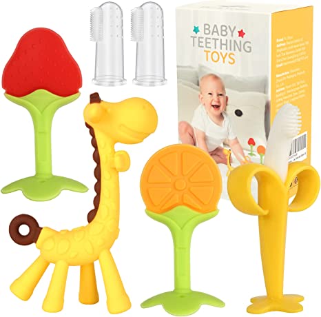 Baby Teething Toys for Newborn (6-Pack) Freezer Safe BPA Free Infant and Toddler Silicone Banana Fruit Giraffe Teethers Soothe Babies Gums Set with Storage Case