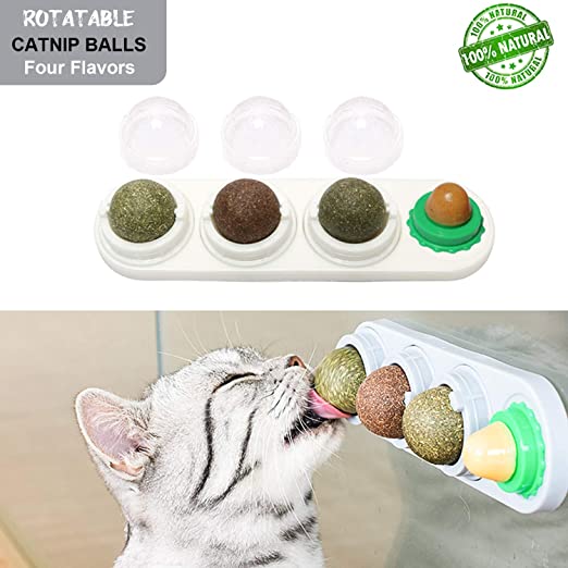 Potaroma 4 Flavors Silvervine Catnip Balls, Edible Kitty Toys for Cats Lick, Safe Healthy Kitten Toys, Teeth Cleaning Dental Cat Toy, Cat Wall Treats, Excites Your Feline, Improves Appetite and Digest