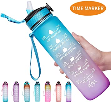 Venture Pal 32oz Motivational Fitness Sports Water Bottle with Time Marker & Straw, Large Wide Mouth Leakproof Durable BPA Free Non-Toxic