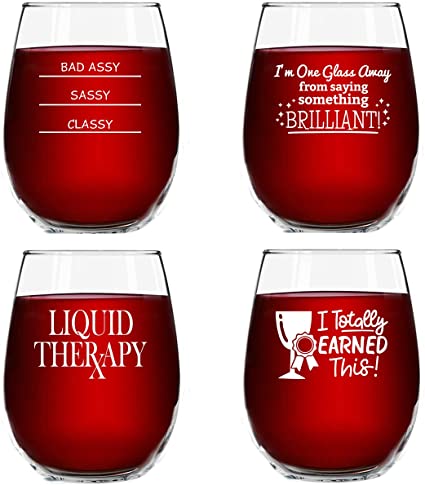 Funny Stemless Wine Glasses Set of 4 (15 oz)- Funny Novelty Wine Glassware Gift for Women- Party, Event, Hosting Fun- Wine Lover Wine Glass with Funny Sayings