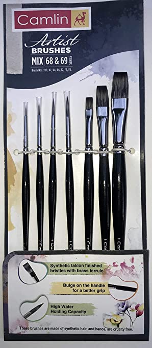 Camlin Kokuyo Artist Paint Brush Mix Series 68 & Series 69 - Round & Flat Synthetic taklon, Set of 7 by Anmol Art & Frames