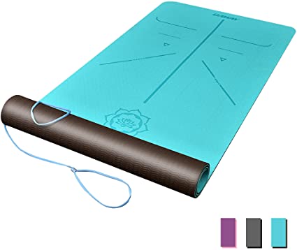 DAWAY Eco Friendly TPE Yoga Mat Y8 Wide Thick Workout Exercise Mat, Non Slip Grip Pilates Mats, Body Alignment System, Tear Resistant, with Carrying Strap, 72"x 26" Thickness 6mm, 1 Year Warranty