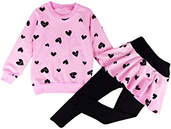 DDSOL Little Girls Clothing Set Outfit Heart Print Hoodie Top Long Pantskirts 2pcs