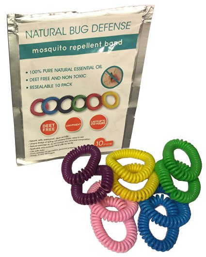 10pk All Natural Bug Defense Mosquito Repellent Bracelets - Keep Pests Away for Up to 250 Hours - Deet Free Natural Essential Oils - No Spray, No Mess, Bold Colors, One Size for Adults and Kids