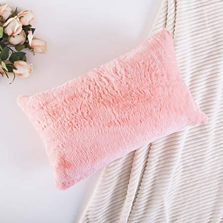 HOME BRILLIANT Plush Deluxe Fluffy Mongolian Faux Fur/Suede Throw Pillow Case Supersoft Oblong Cushion Cover for Teen Girls, Pillow Not Included, 1 Pc, 12"x20", Pink
