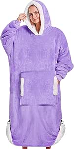 yescool Wearable Blanket Hoodie - birthday gifts for Adults/Women/mom, Flannel Cozy Sherpa Fleece Blanket Sweatshirt with Hood, Pocket & Sleeves, Large, One Size Fits All (Lavender)