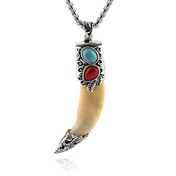 HZMAN Tibetan Real Wolf Teeth Turquoise Pendant Necklace Stainless Steel Chain, Buddhism Prayer