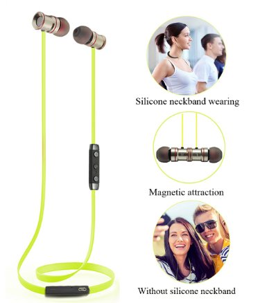 Bluetooth Headphones, Wireless Neckband Bluetooth Headset, Sweatproof V4.1 APT-X Noise Reduction Earbuds Earphones with Microphone & Stereo for Sport Running with Magnetic Attraction for iPhone-Green