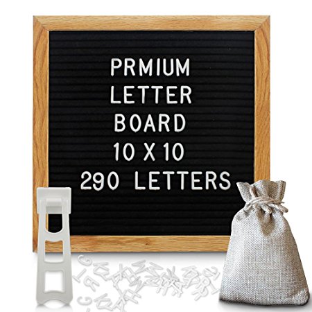 Felt Letter Board 10 x 10Inch Changeable Letter Board with Canvas Letter Bag, Premium Solid Oak Framed, 290 White Characters/symbols and Plastic Stand