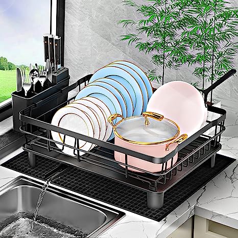 Bobela Dish Drying Rack,Dish Racks for Kitchen Counter,Dish Drainers with Removable Utensil Holder,Dish Drying Rack with Drainboard and Extra Dish Drying Mat