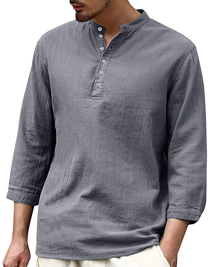 Mens Long Sleeve Henley Shirt Cotton Linen Beach Yoga Loose Fit Henleys Tops