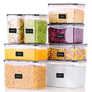 ME.FAN Food Storage Containers [Set of 8] Airtight Storage Keeper with 24 Chalkboard labels Ideal for Cereal, Sugar, Flour, Baking Supplies - BPA Free - Clear Plastic with Black Lids