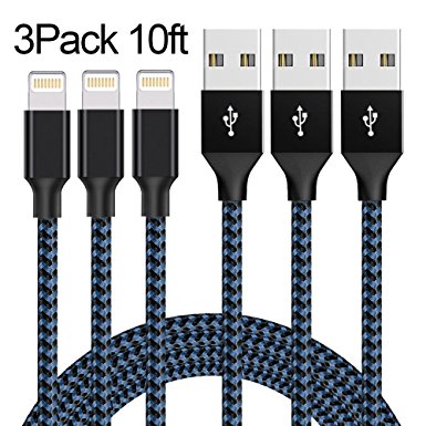 Lightning Cable,ONSON Charger Cables 3Pack 10FT to USB Syncing and Charging Cable Data Nylon Braided Cord Charger for iPhone 7/7 Plus/6/6 Plus/6s/6s Plus/5/5s/5c/SE and more (Black&Blue)