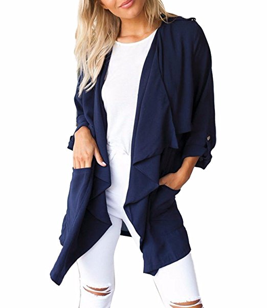 StyleDome Women Chiffon Sheer Long Sleeve Waterfall Trench Coats Cape Cardigans