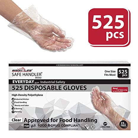 SAFE HANDLER Disposable Food Handling Long Cuff Poly Gloves | One Size Fits Most, 0.65g, 11.5", 525 per box (1 box)