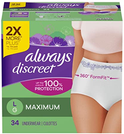 Always Discreet for Sensitive Skin Postpartum Incontience Underwear, Size L, Maximum Absorbency, 34 Count