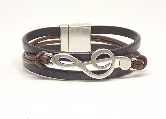 Brown Leather G Clef Leather Bracelet with Magnetic Clasp, Great Gift for Music Teacher, Hand Created in the Uno de 50 Style
